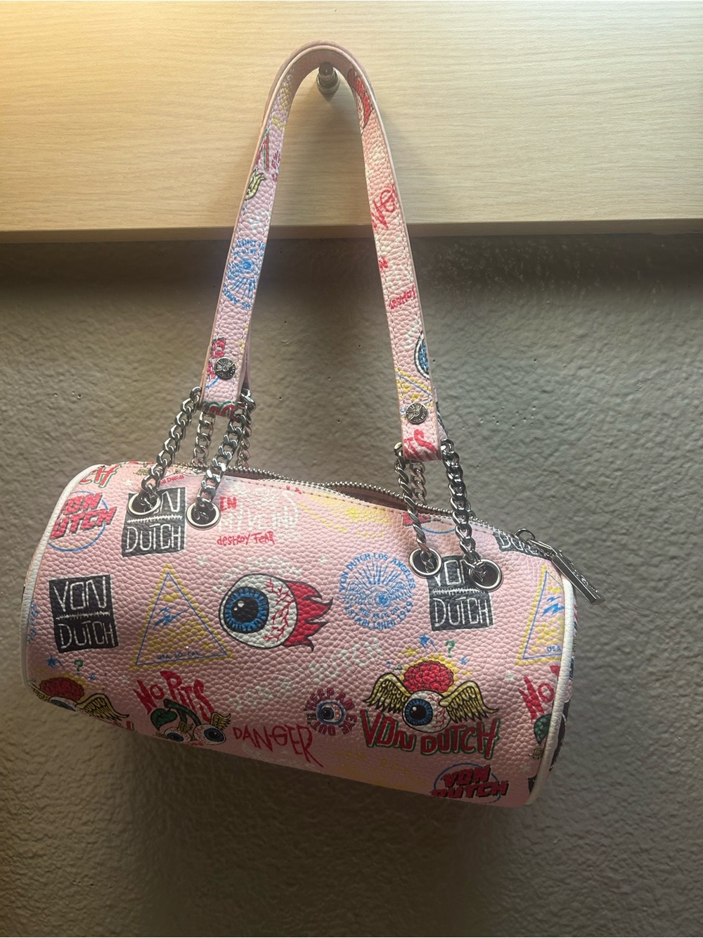 Von Dutch Pink Graphic Barrel Shoulder Bag